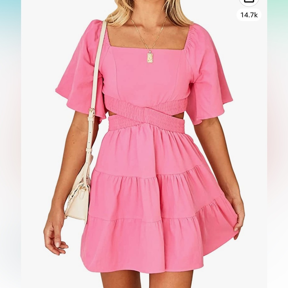 Pink Women's Dress Square Neck Crossover Waist Casual Party Mini Dress